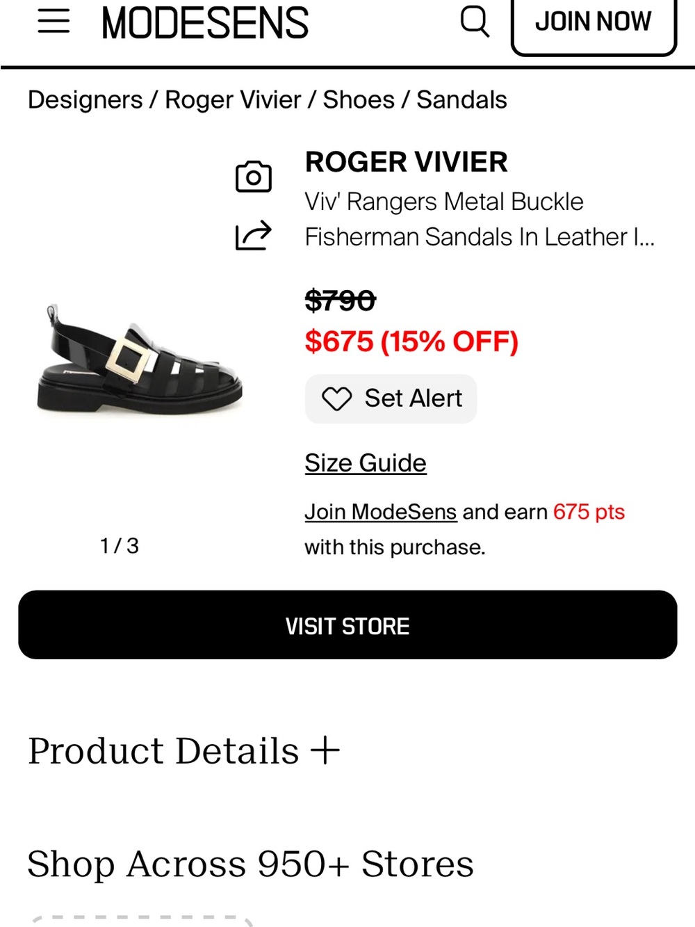 Roger Vivier Black Leather Fisherman Sandals with Gold Buckle